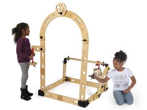 Two children playing with the Rigamajig Basic Builder Kit.